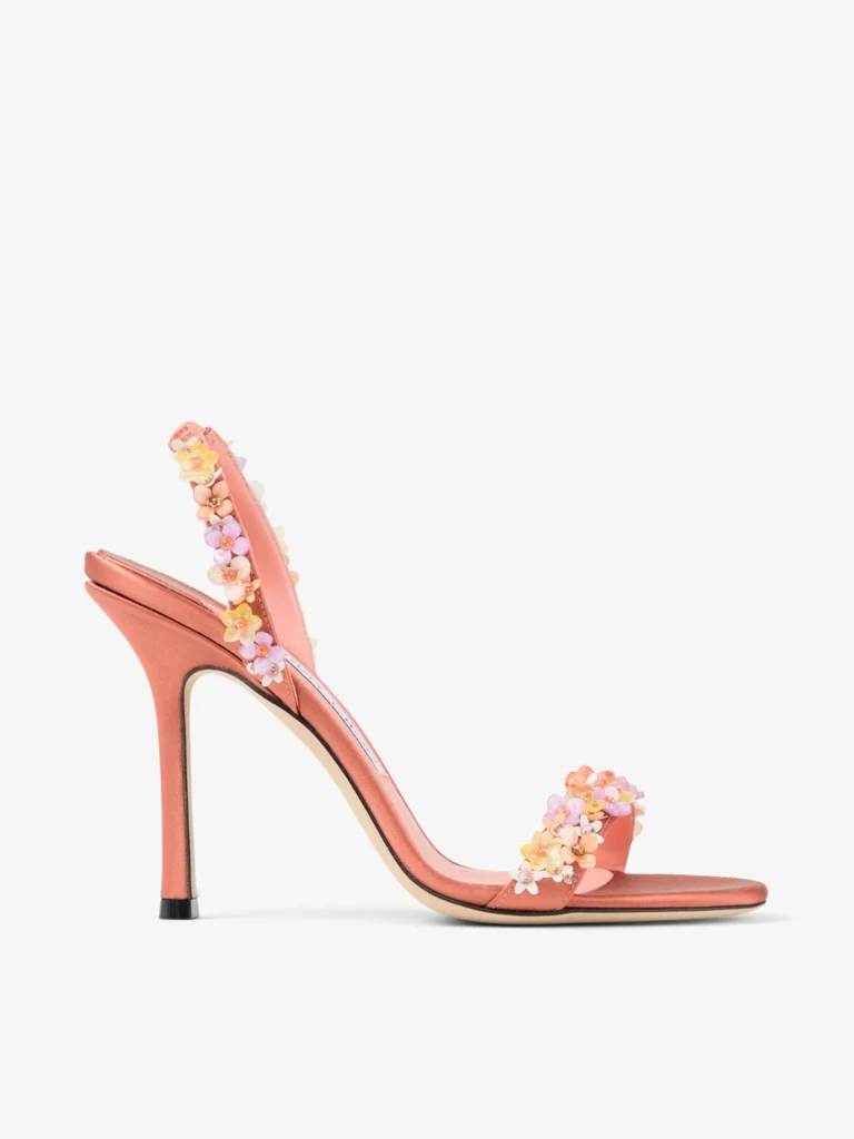 Jimmy Choo Jenn 100 Grapefruit Satin Sandals with Daisy Embroidery