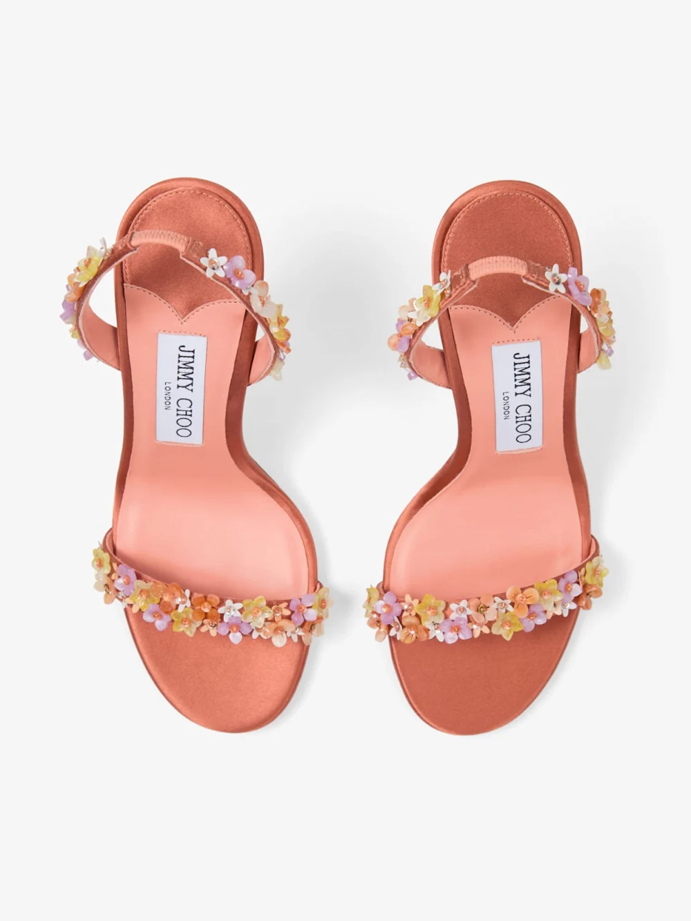 Jimmy Choo Jenn 100 Grapefruit Satin Sandals with Daisy Embroidery, another view