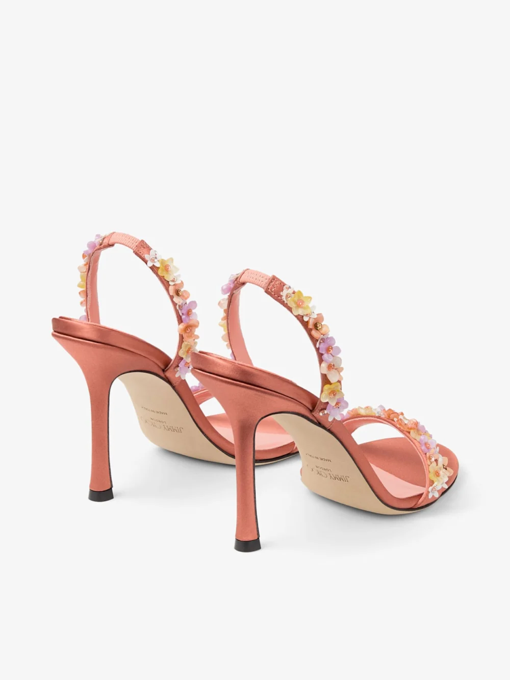 Jimmy Choo Jenn 100 Grapefruit Satin Sandals with Daisy Embroidery, another view