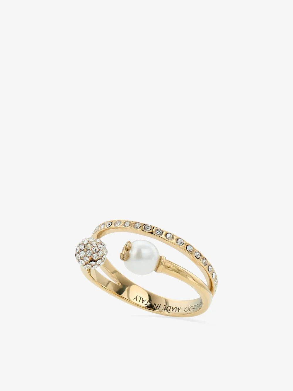 Close-up detail of the Jimmy Choo Jimmy Choo Double Ring Gold Finish Crystal & Pearl Ring