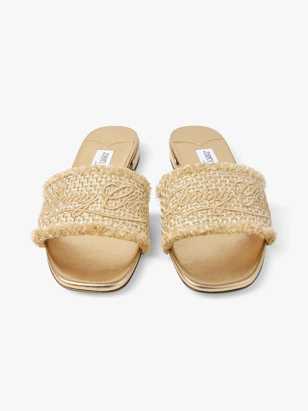 Back view of the Jimmy Choo Joa Flat Gold and Dark Cappuccino Lurex Woven Fabric Flat Sandals