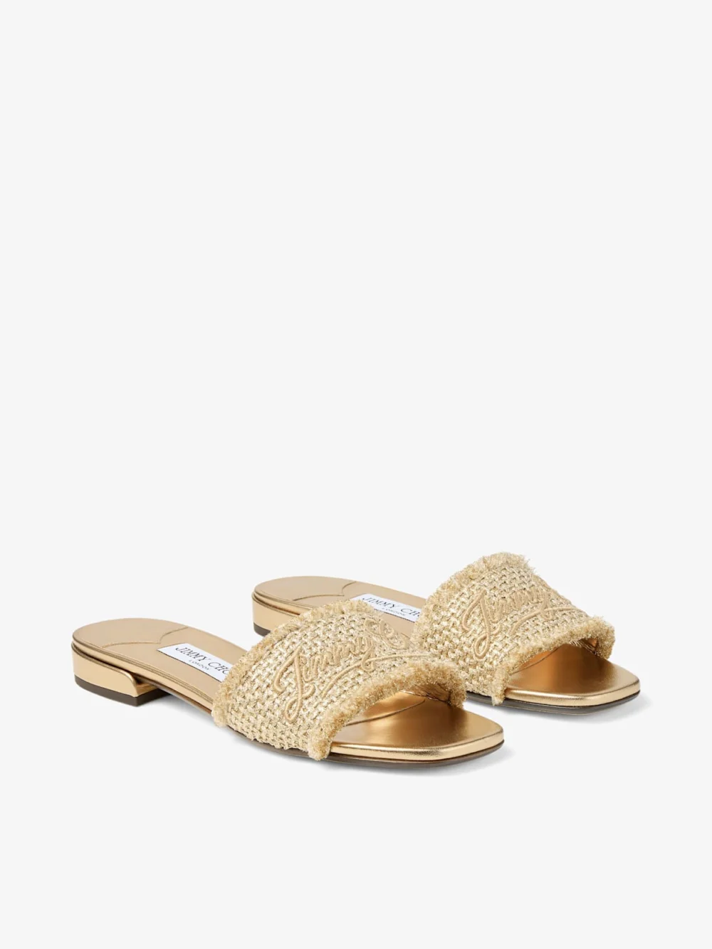 Close-up detail of the Jimmy Choo Joa Flat Gold and Dark Cappuccino Lurex Woven Fabric Flat Sandals