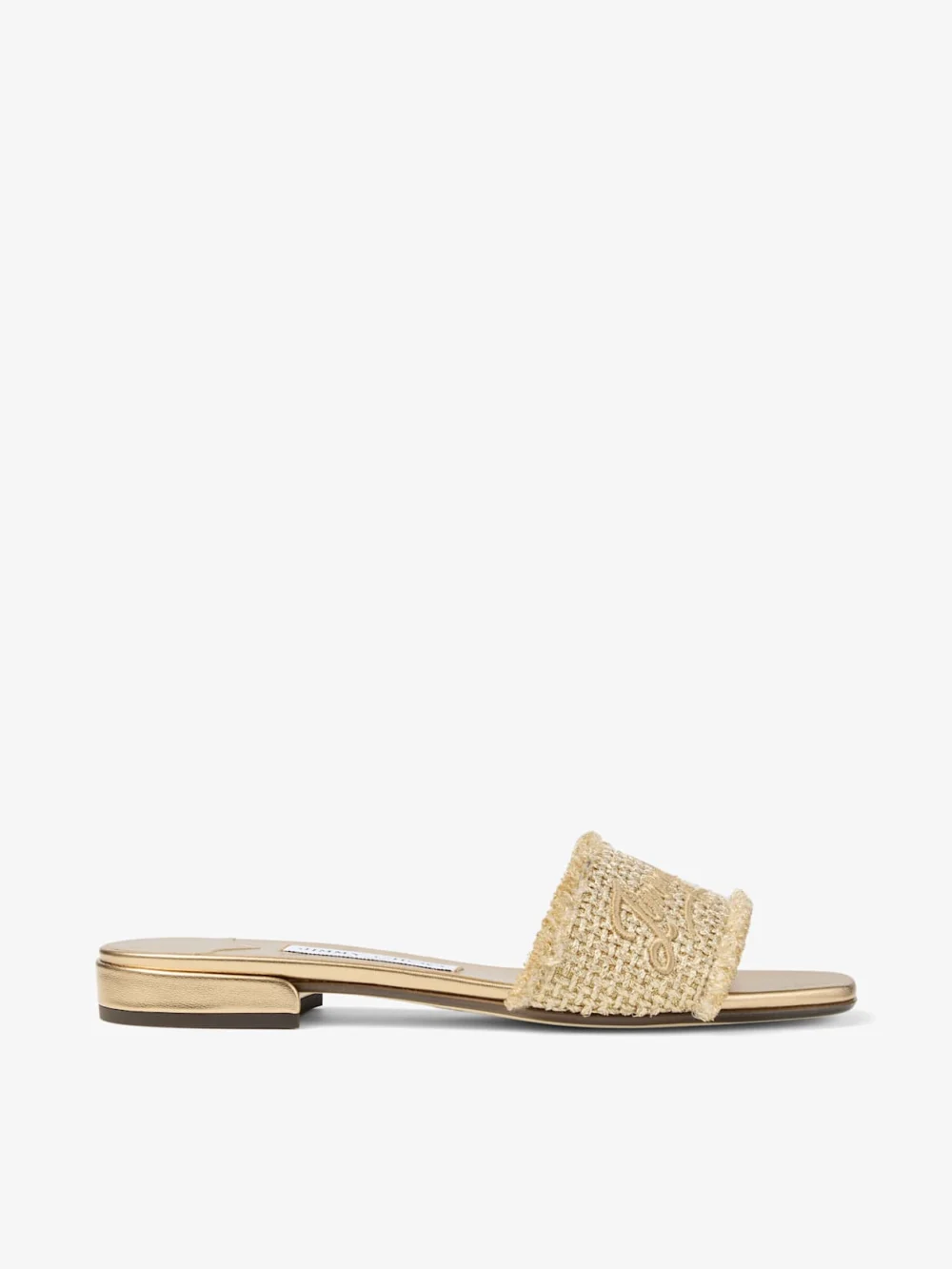 Jimmy Choo Joa Flat Gold and Dark Cappuccino Lurex Woven Fabric Flat Sandals in gold