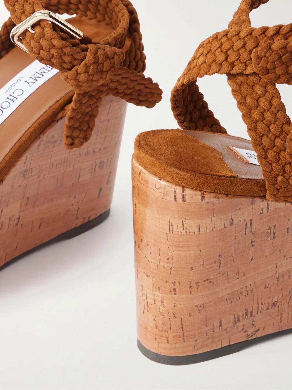Close-up detail of the Jimmy Choo Jori Suede Wedge Sandals