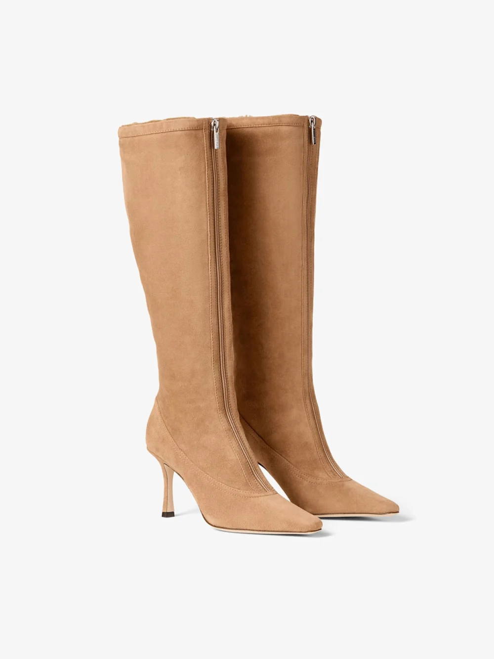 Back view of the Jimmy Choo Jozi Knee Boot 85 Toffee and Teddy Velvet Suede Knee High Boots with Shearling Lining
