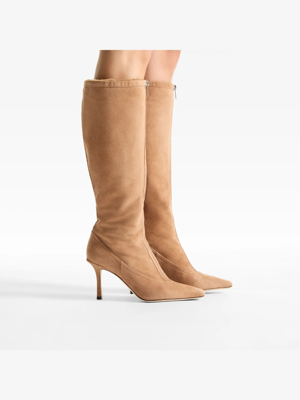 Close-up detail of the Jimmy Choo Jozi Knee Boot 85 Toffee and Teddy Velvet Suede Knee High Boots with Shearling Lining