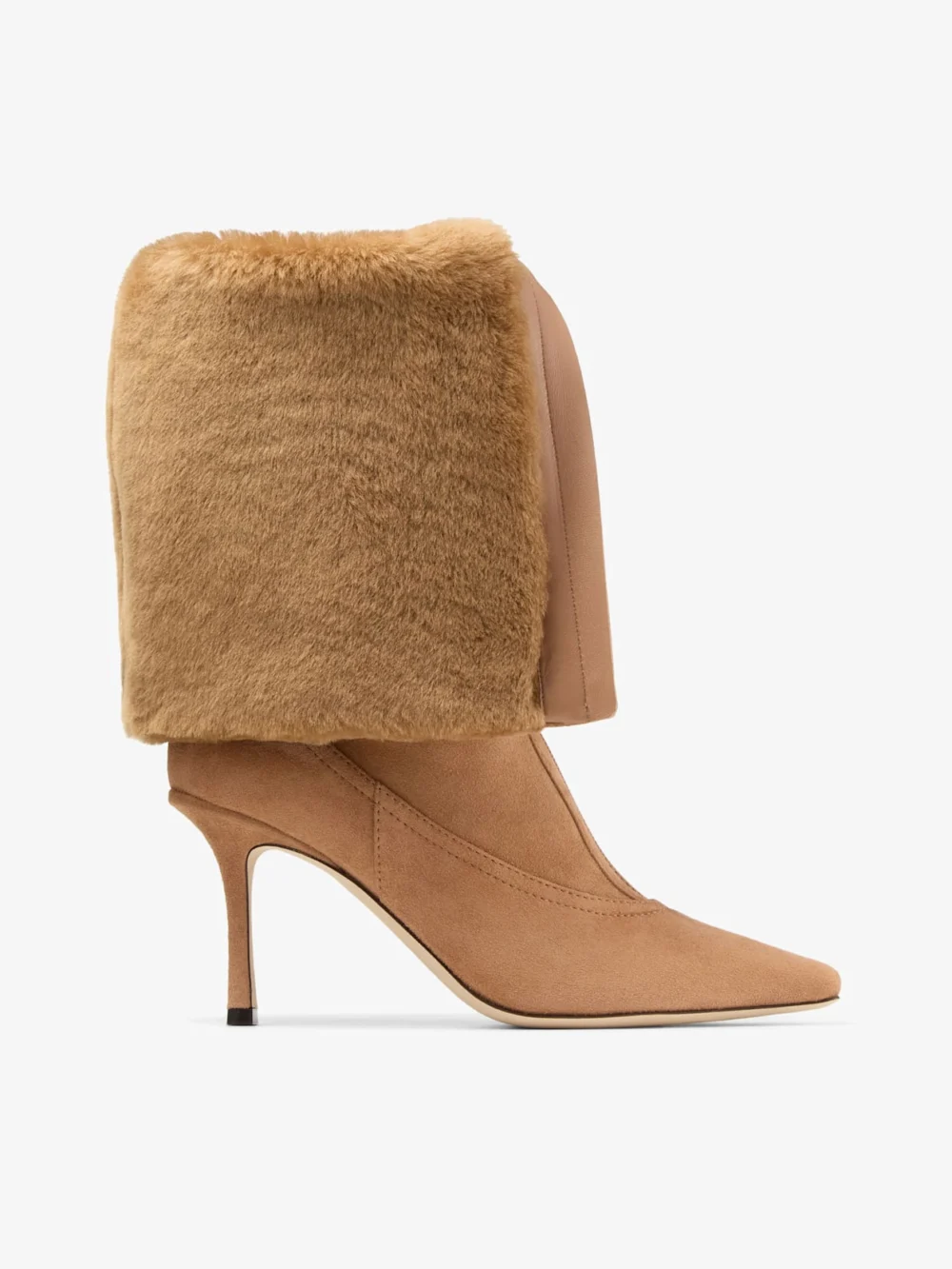 Side view of the Jimmy Choo Jozi Knee Boot 85 Toffee and Teddy Velvet Suede Knee High Boots with Shearling Lining