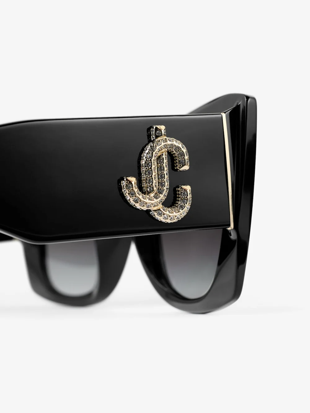 Close-up detail of the Jimmy Choo Juliana Black Square Sunglasses