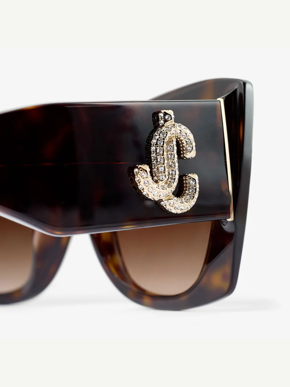 Close-up detail of the Jimmy Choo Juliana Brown Havana Square Sunglasses