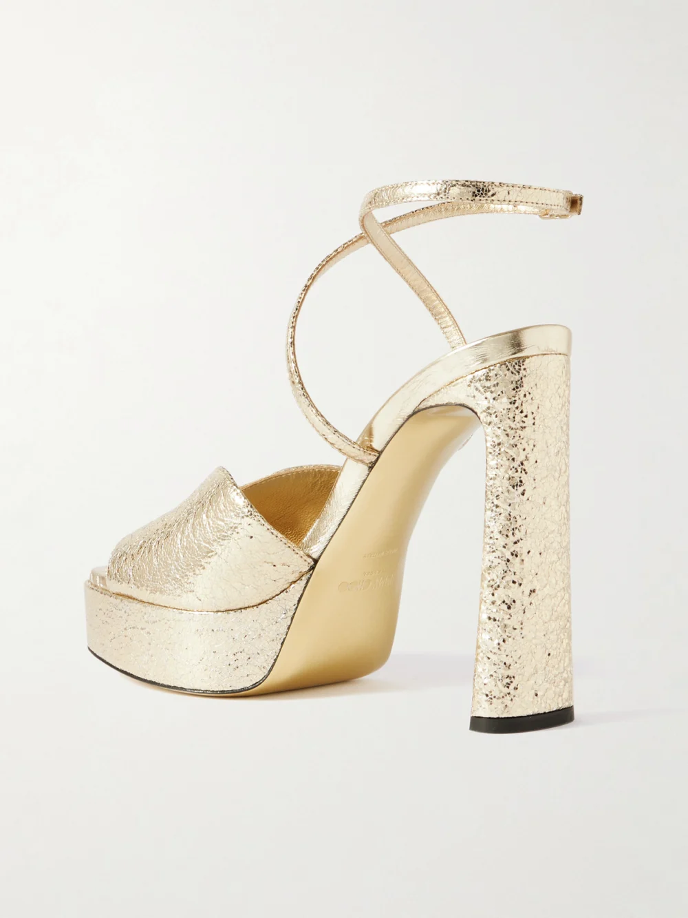 Back view of the Jimmy Choo Karli 125 Metallic Textured-leather Platform Sandals