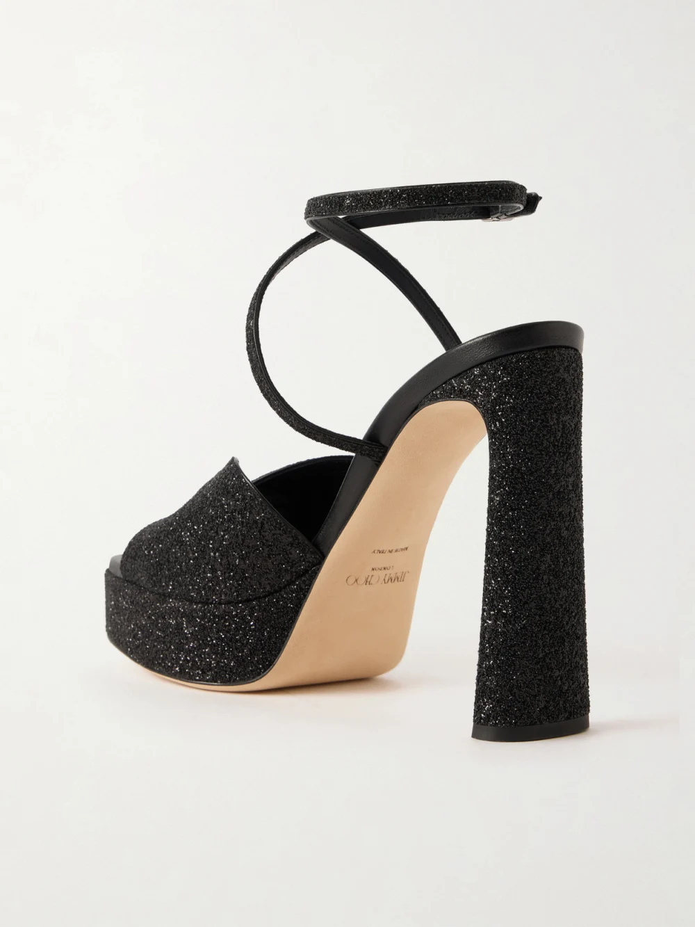 Back view of the Jimmy Choo Karly 125 Glittered Leather Sandals