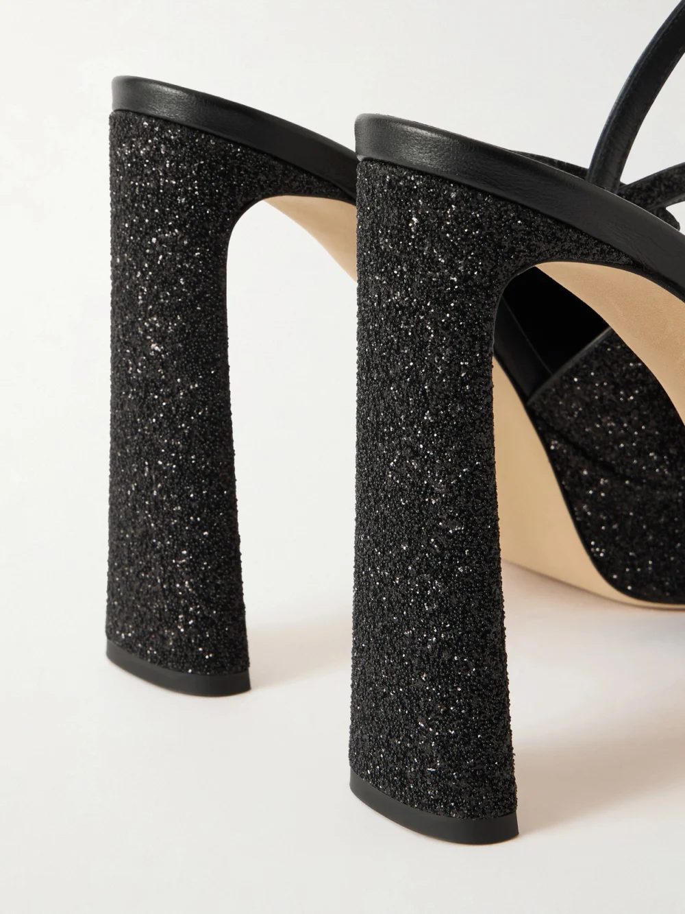Close-up detail of the Jimmy Choo Karly 125 Glittered Leather Sandals