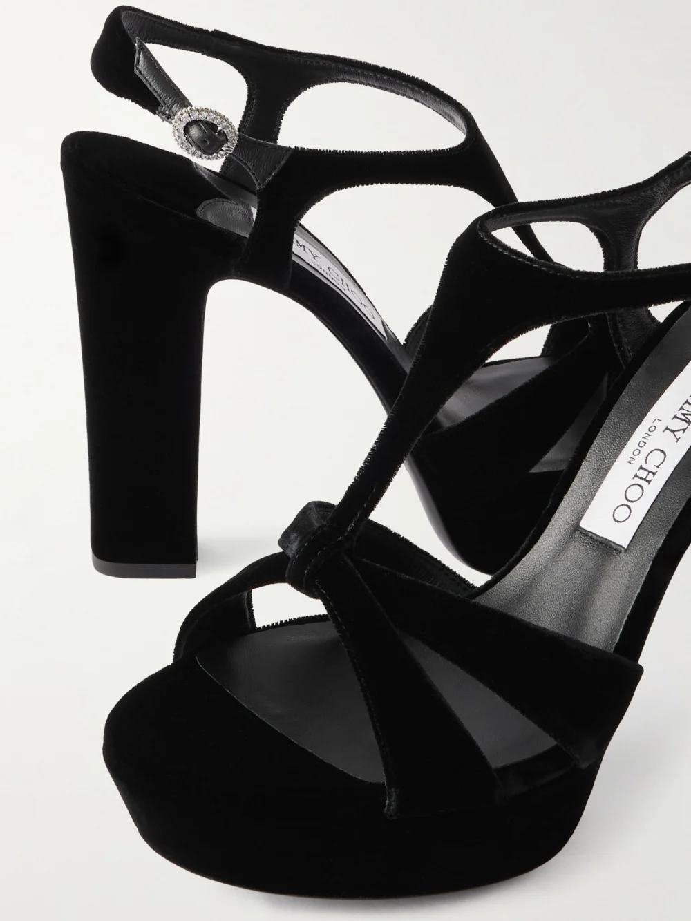 Close-up detail of the Jimmy Choo Kesia 120 Crystal-embellished Velvet Platform Sandals