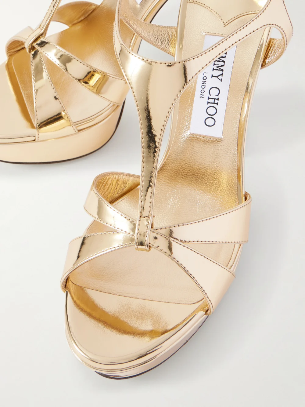 Close-up detail of the Jimmy Choo Kesia 120 Mirrored-leather Platform Sandals