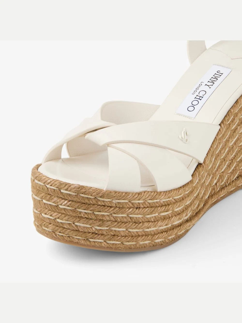 Back view of the Jimmy Choo Korra 100 Latte Nappa Leather Wedges