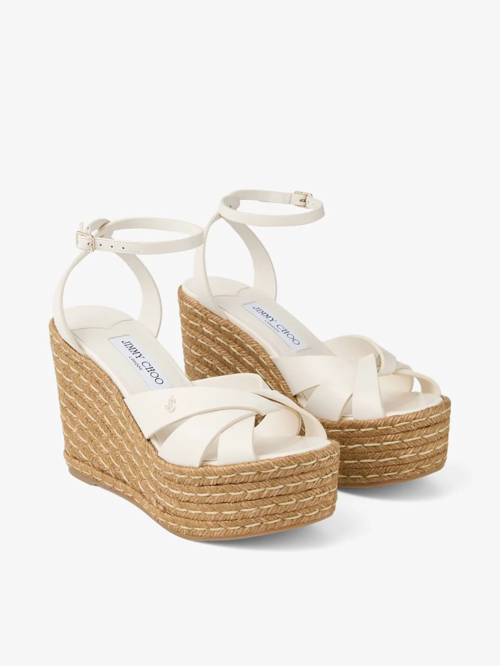 Close-up detail of the Jimmy Choo Korra 100 Latte Nappa Leather Wedges
