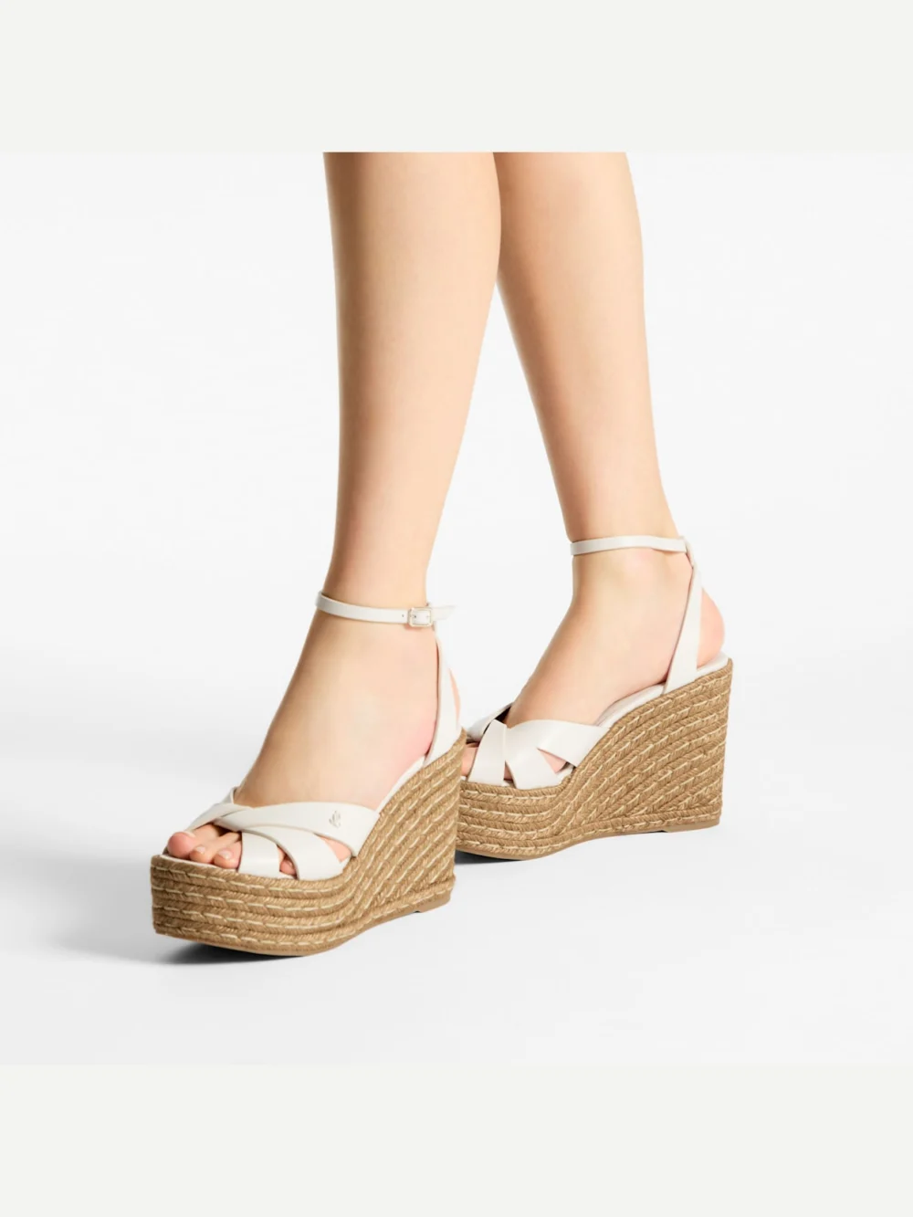 Side view of the Jimmy Choo Korra 100 Latte Nappa Leather Wedges