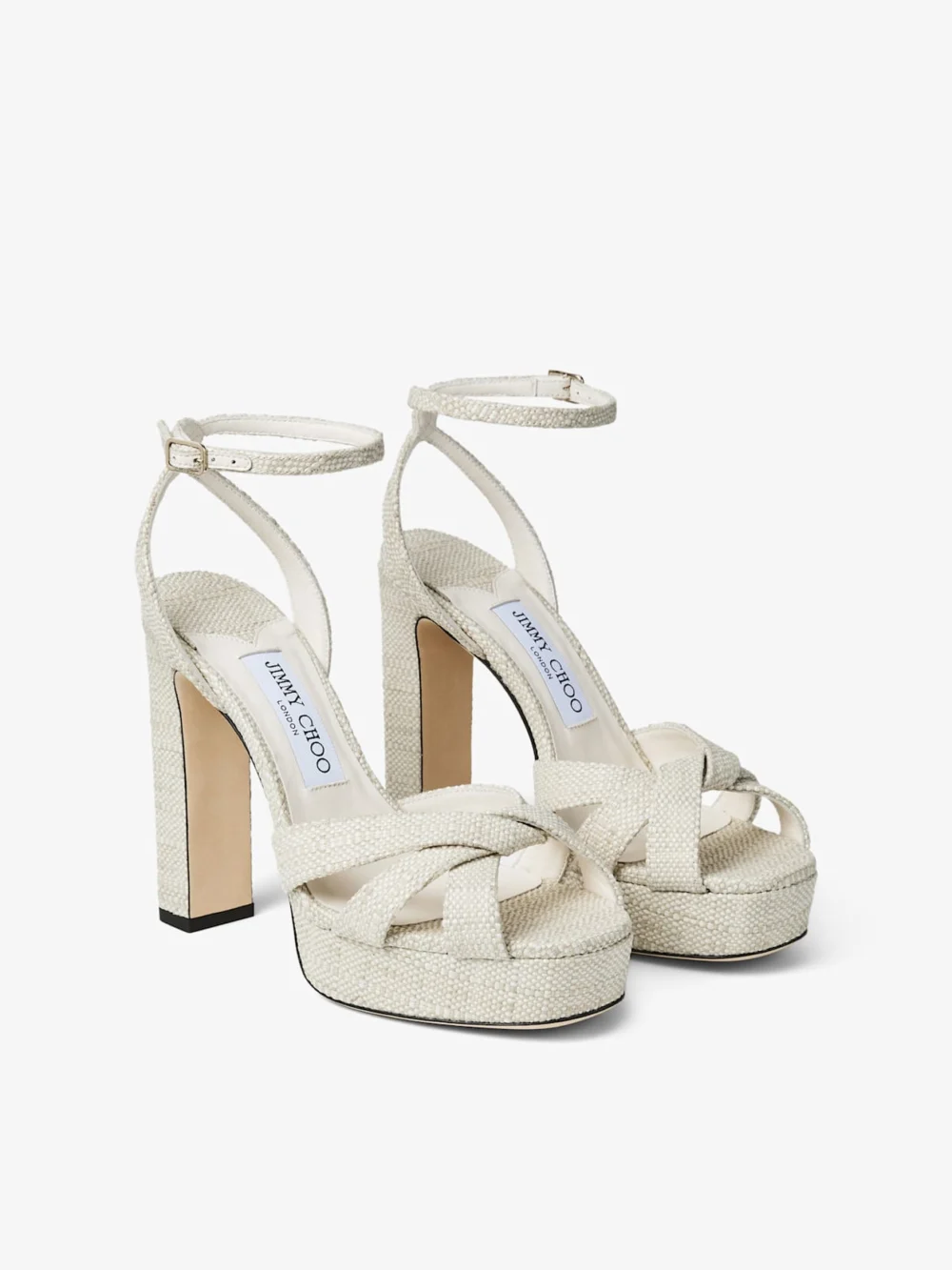 Close-up detail of the Jimmy Choo Kove 120 Natural Fine Raffia Platform Sandals