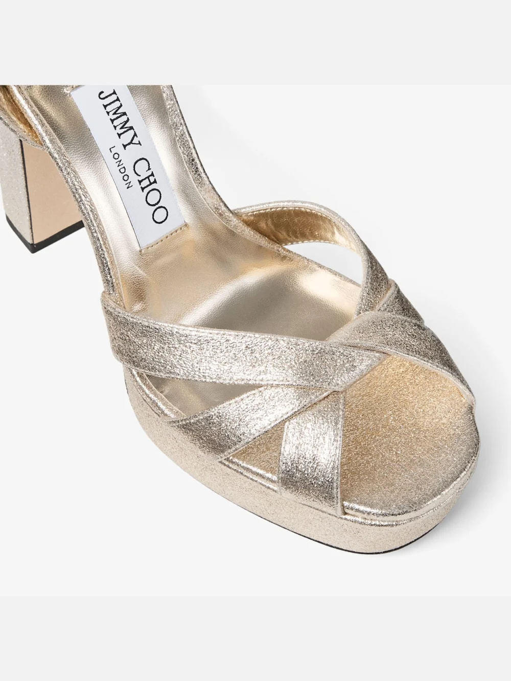 Back view of the Jimmy Choo Kove 120 Platinum Brilliance Fabric Platform Sandals