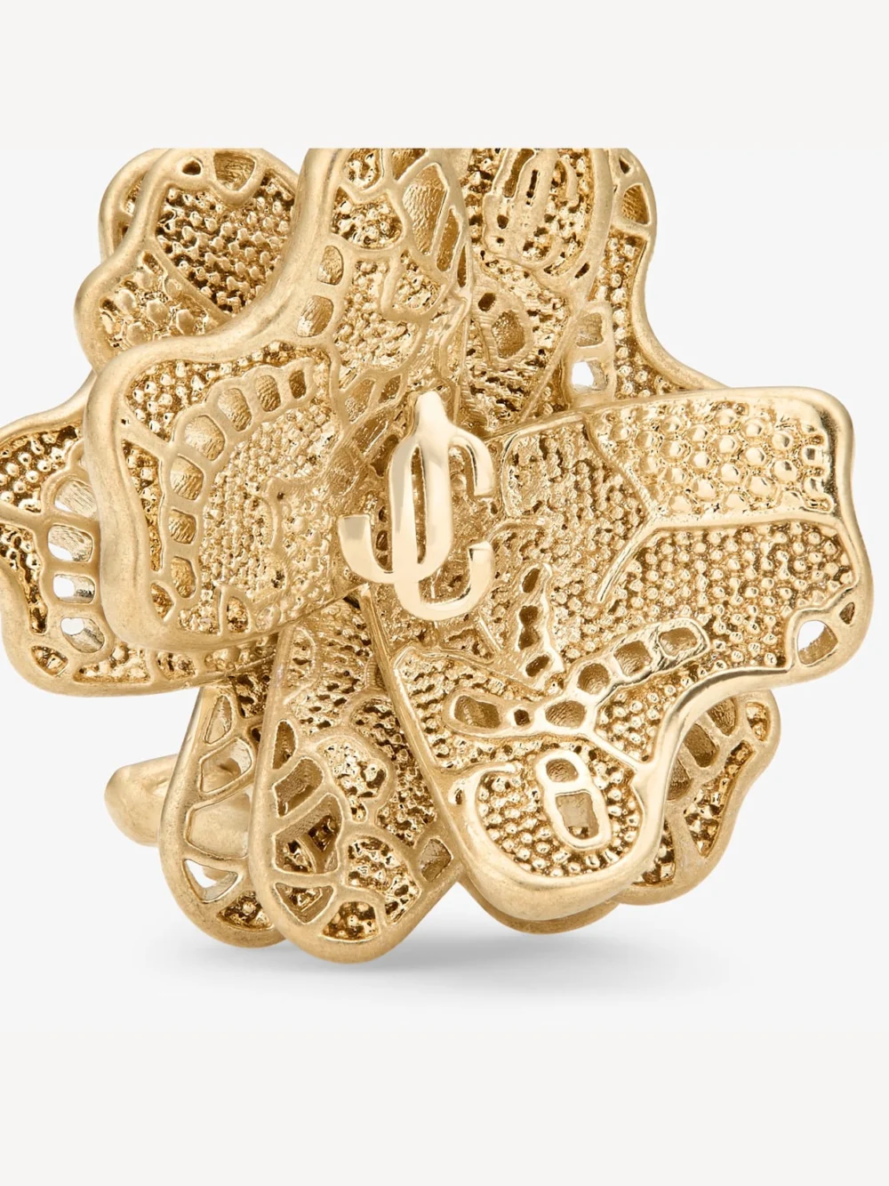 Close-up detail of the Jimmy Choo Lace Corsage Studs Gold Finish Metal Corsage Earrings