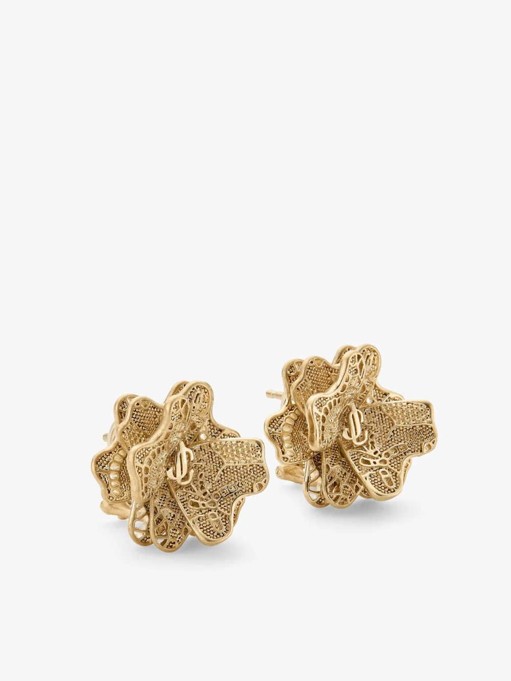 Side view of the Jimmy Choo Lace Corsage Studs Gold Finish Metal Corsage Earrings