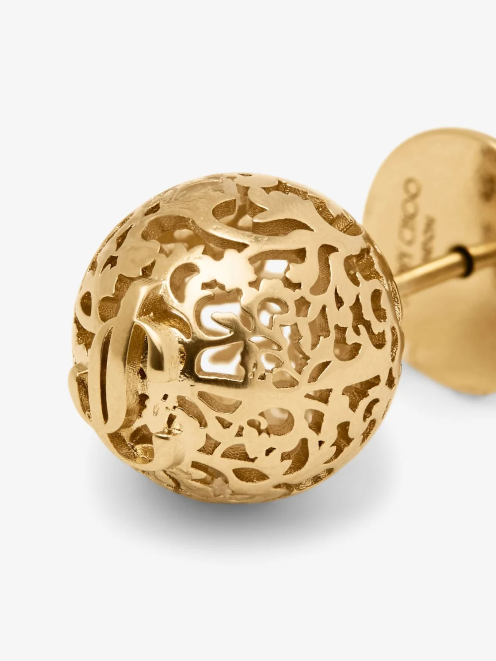 Close-up detail of the Jimmy Choo Lace Sphere Studs Gold Finish Metal Sphere Stud Earrings