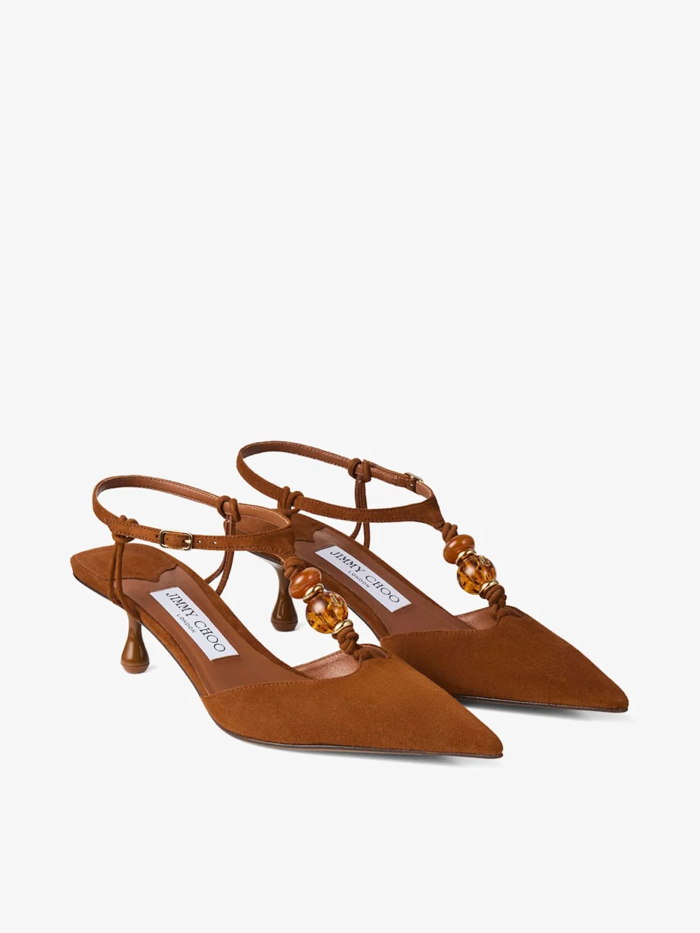 Close-up detail of the Jimmy Choo Lauri 50 Tan Mix Suede Slingbacks with Beads