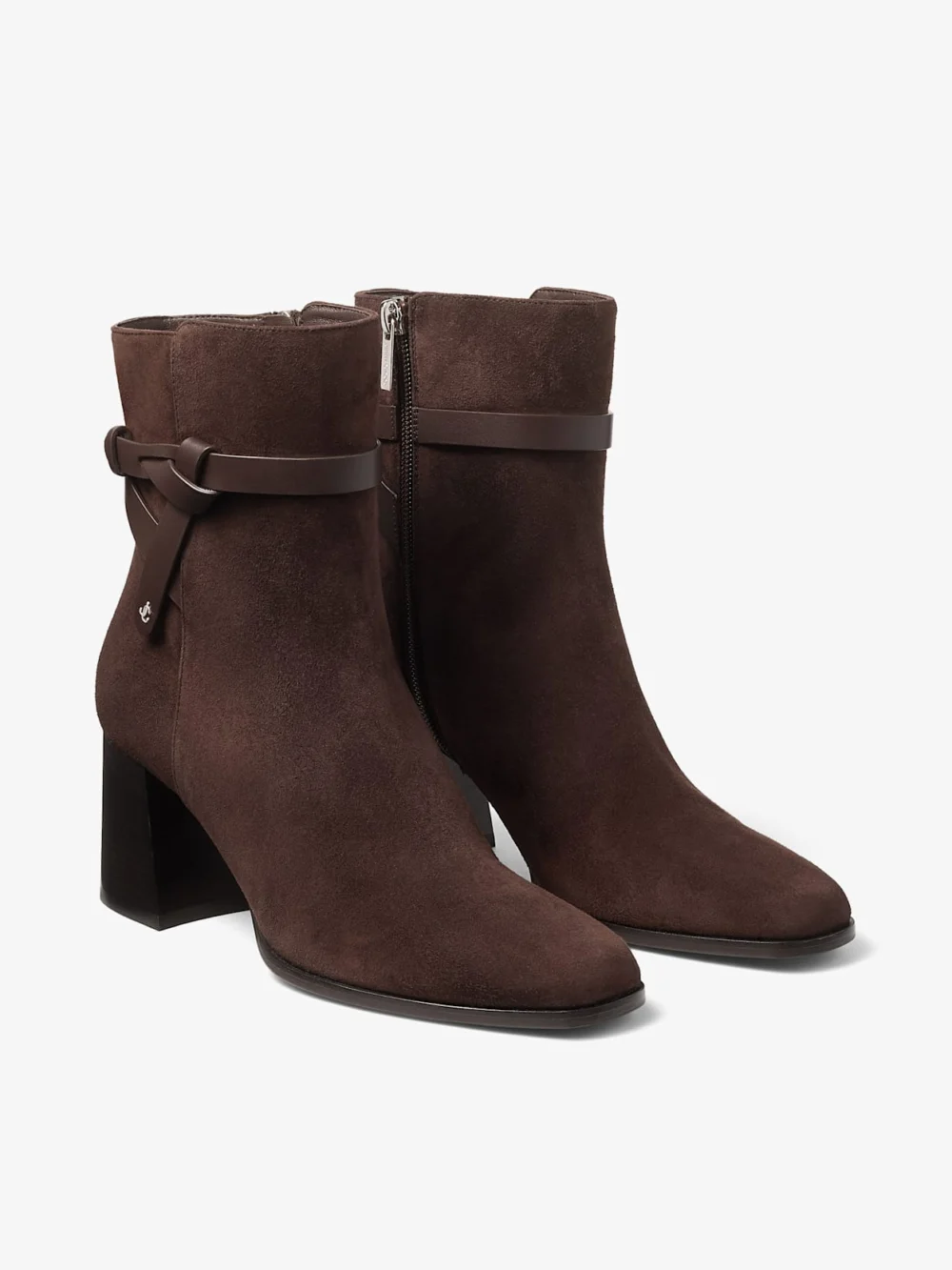 Close-up detail of the Jimmy Choo Lawton Ankle Boot 65 Chocolate Suede and Calf Leather Ankle Boots