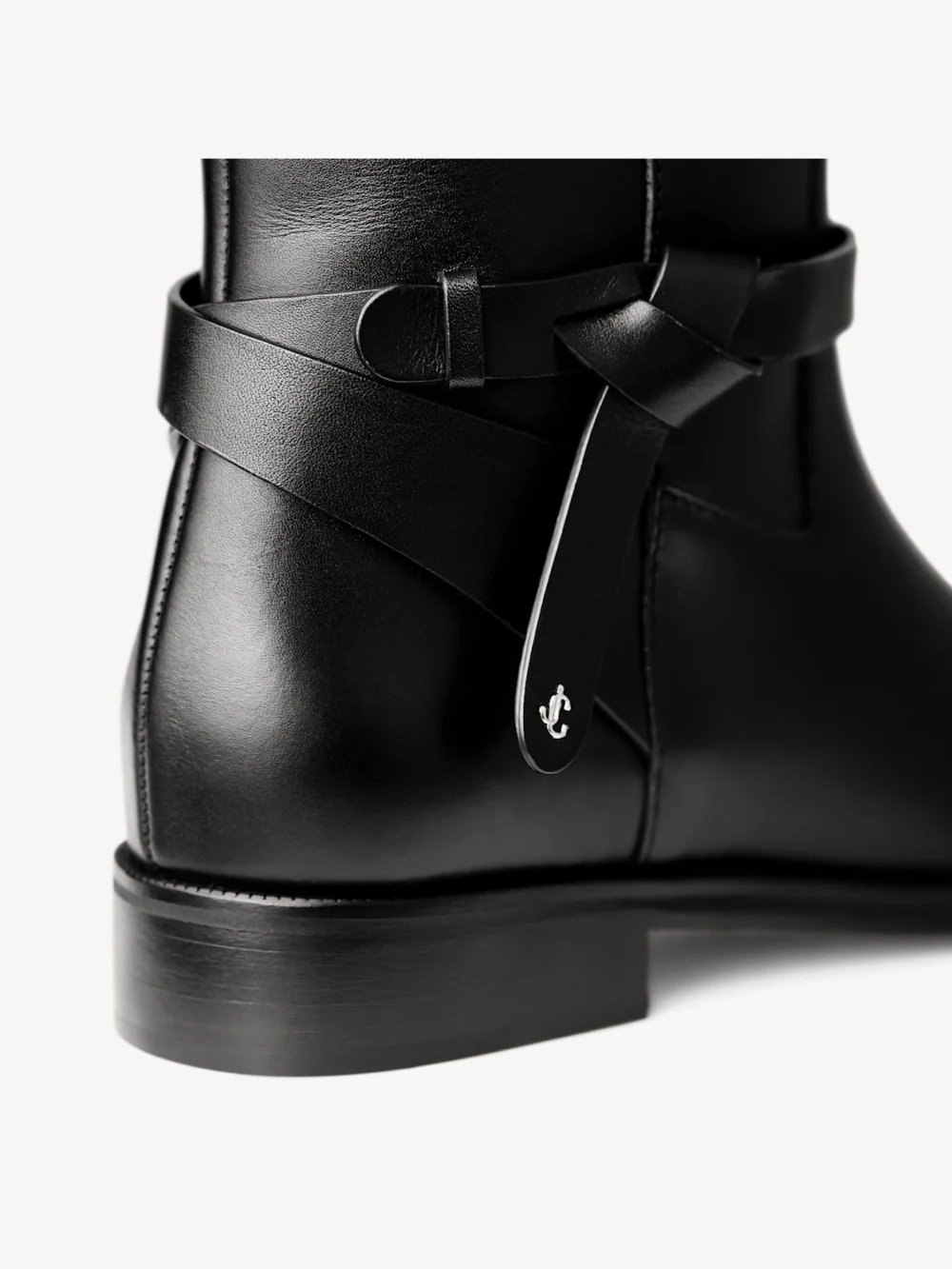 Back view of the Jimmy Choo Lawton Knee Boot Flat Black Calf Leather and Soft Vachetta Knee High Boots