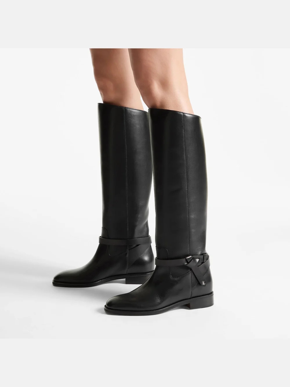 Side view of the Jimmy Choo Lawton Knee Boot Flat Black Calf Leather and Soft Vachetta Knee High Boots