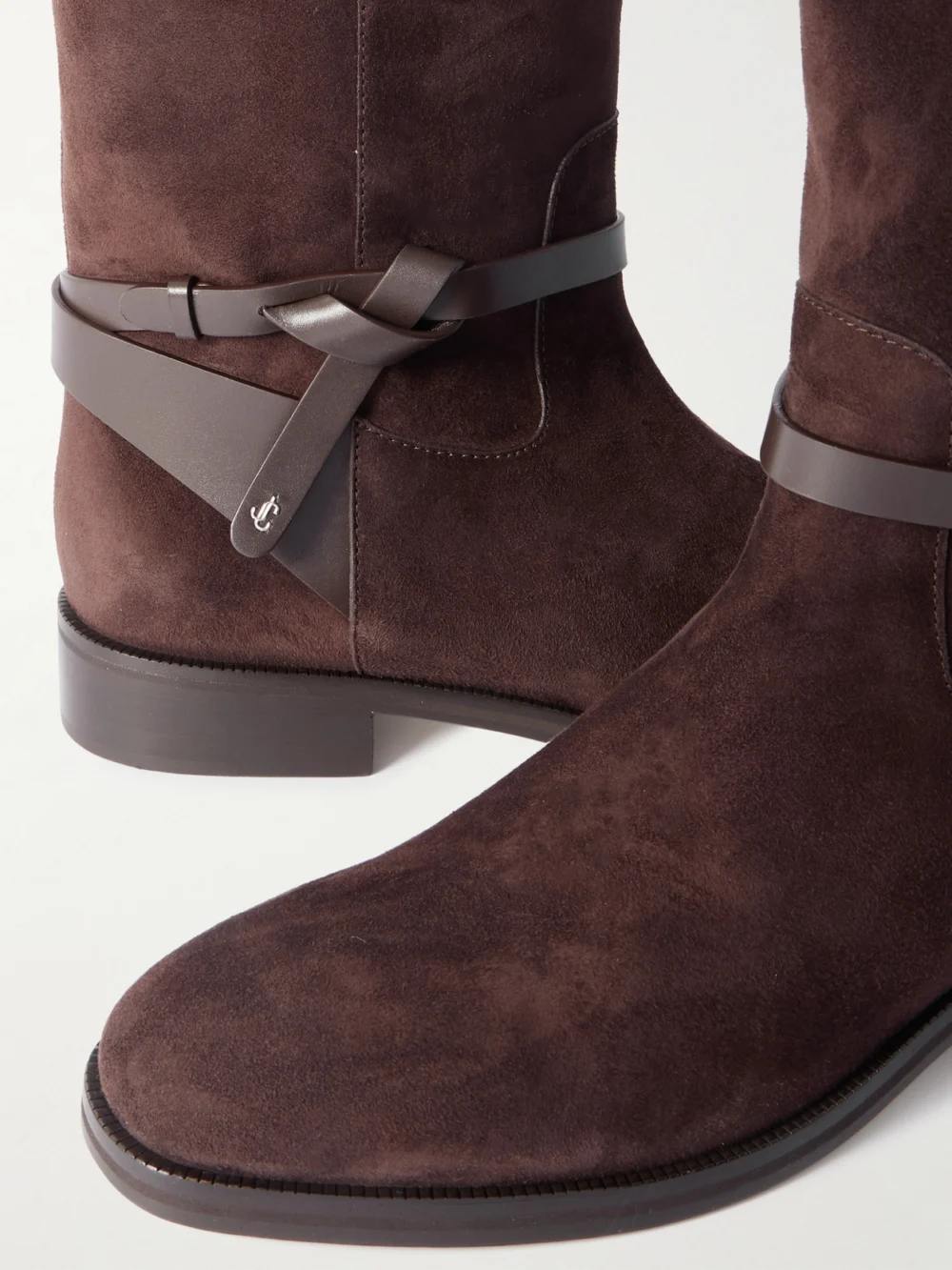 Close-up detail of the Jimmy Choo Lawton Leather-trimmed Suede Knee Boots