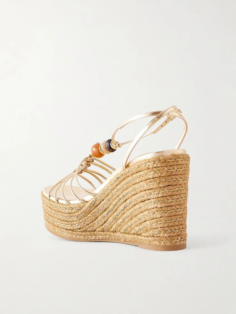 Back view of the Jimmy Choo Lemi 100 Embellished Metallic-leather Platform Wedge Sandals