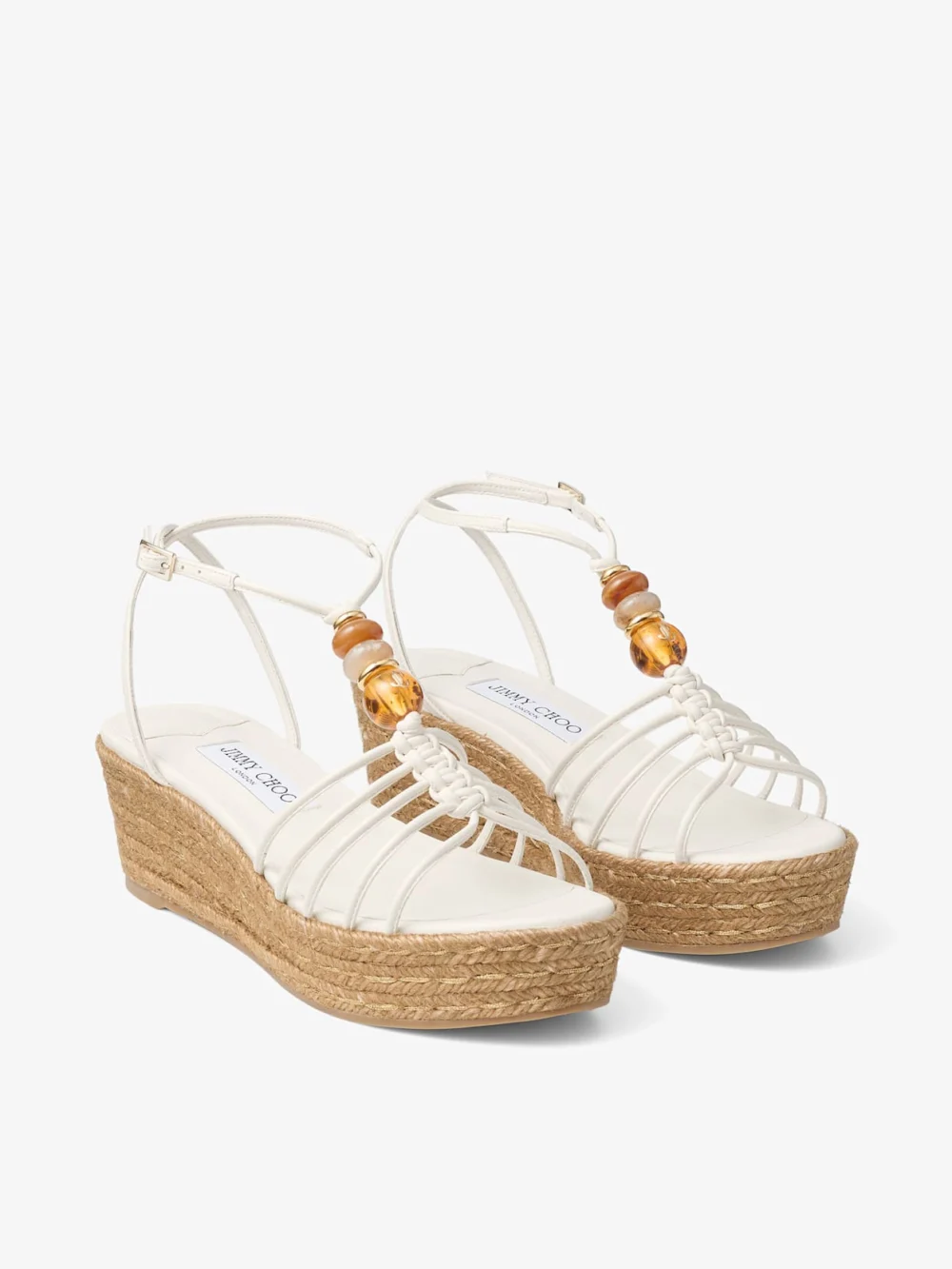 Close-up detail of the Jimmy Choo Lemi Wedge 50 Latte Mix Nappa Leather Wedges with Beads