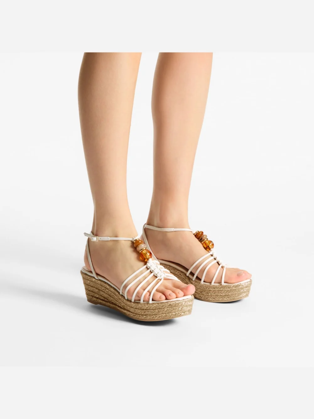 Side view of the Jimmy Choo Lemi Wedge 50 Latte Mix Nappa Leather Wedges with Beads