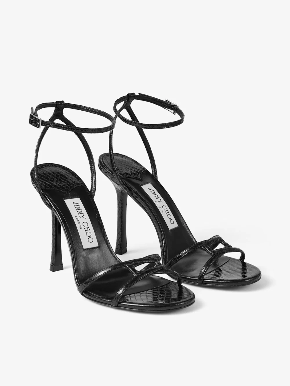 Close-up detail of the Jimmy Choo Leo 100 Black Candy Wrap Leather Sandal