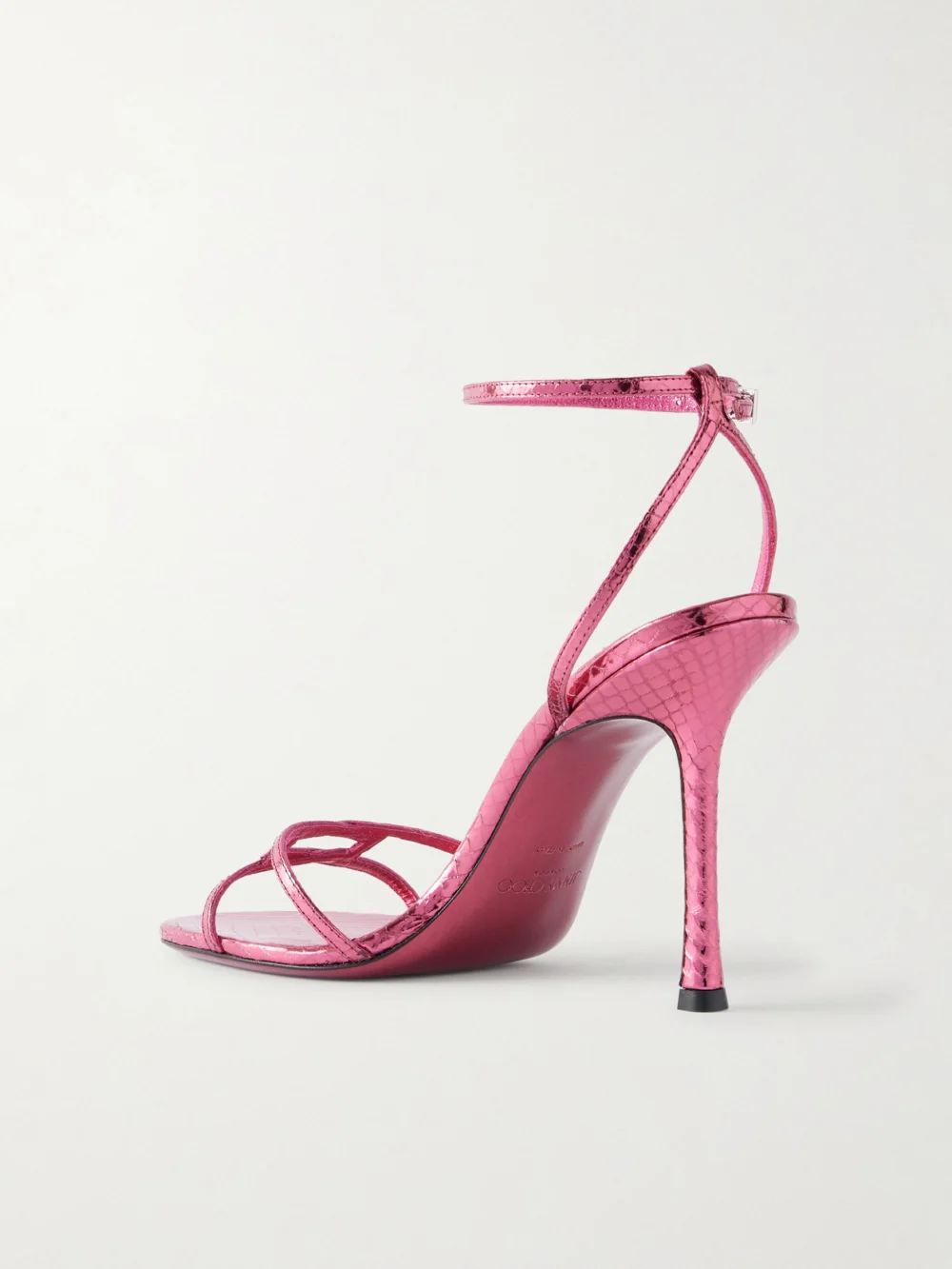 Back view of the Jimmy Choo Leo 100 Croc-effect Metallic-leather Sandals