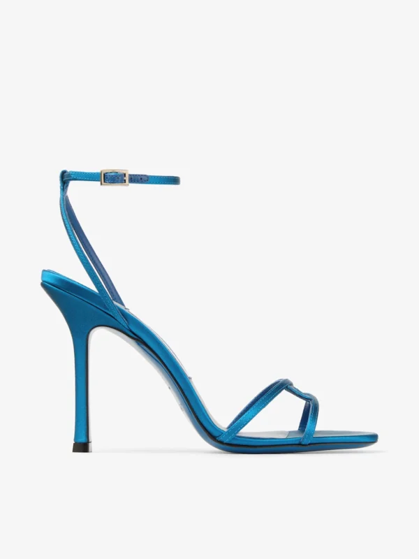 Jimmy Choo Leo 100 Lagoon Satin Sandals with Ankle Strap