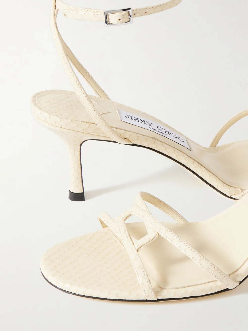 Close-up detail of the Jimmy Choo Leo 65 Croc-effect Leather Sandals
