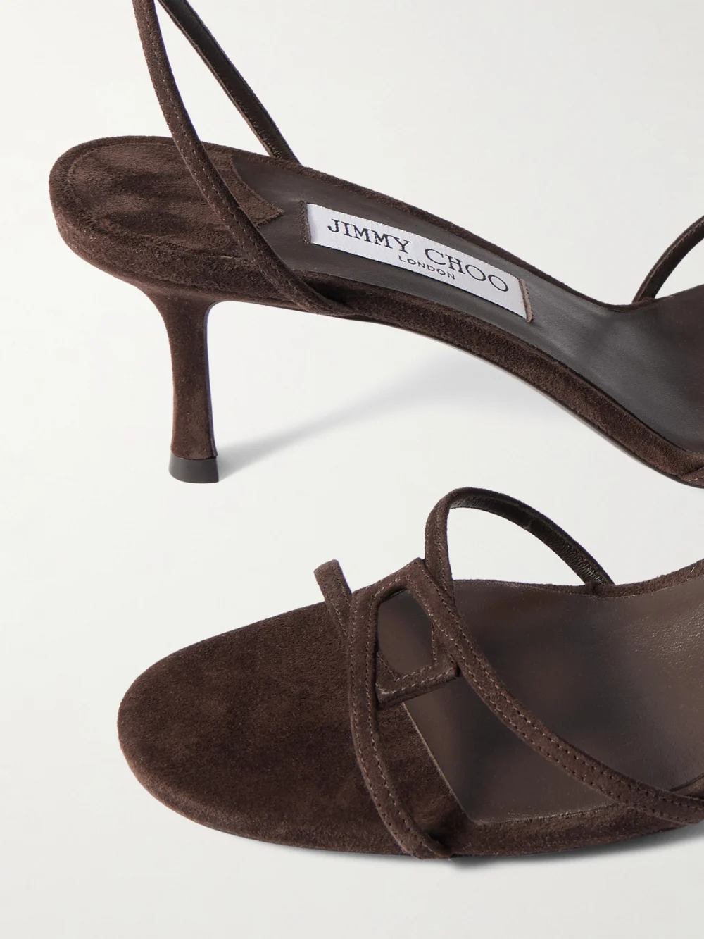 Close-up detail of the Jimmy Choo Leo 65 Suede Sandals