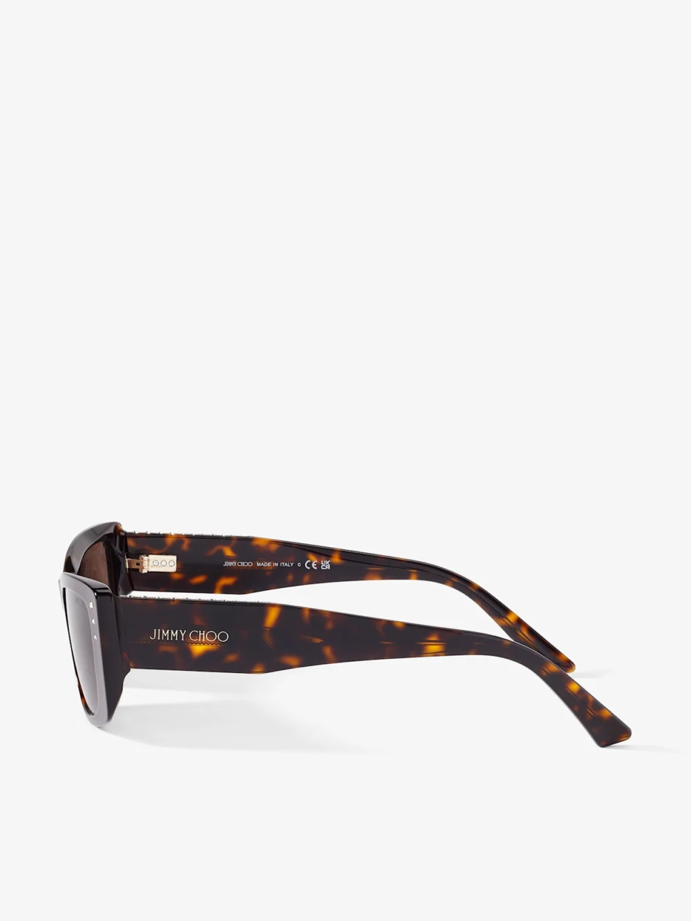 Close-up detail of the Jimmy Choo Lexy Brown Havana Rectangular Sunglasses with Crystals