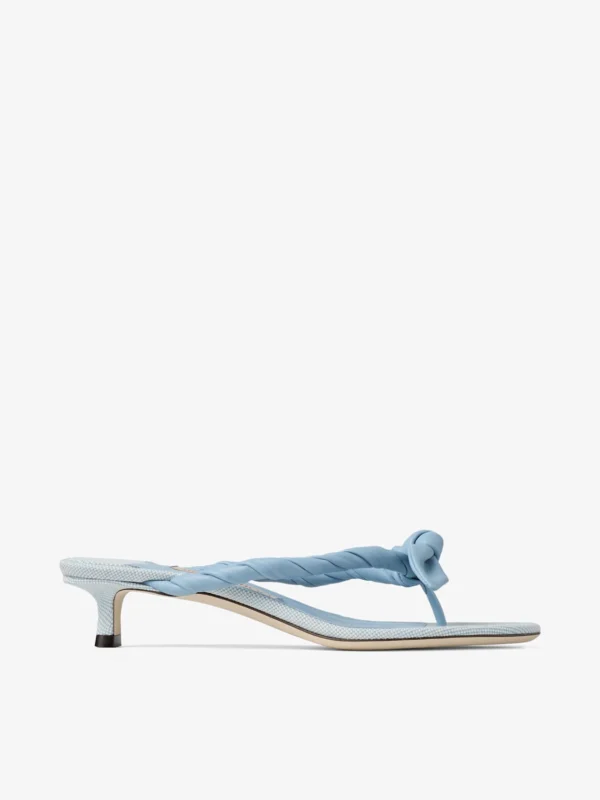 Jimmy Choo Liss 35 Riviera Blue Mix Soft Glove Leather and Flecked Canvas Mule Sandals with Nappa Leather Bow