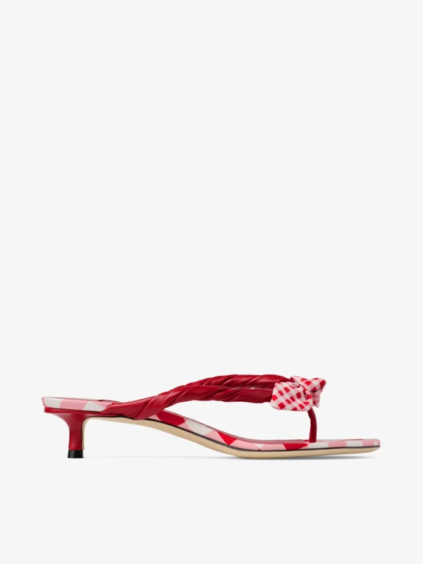 Jimmy Choo Liss 35 Ruby Red Mix Mixed Gingham Cotton Mule Sandals with Gingham Bow