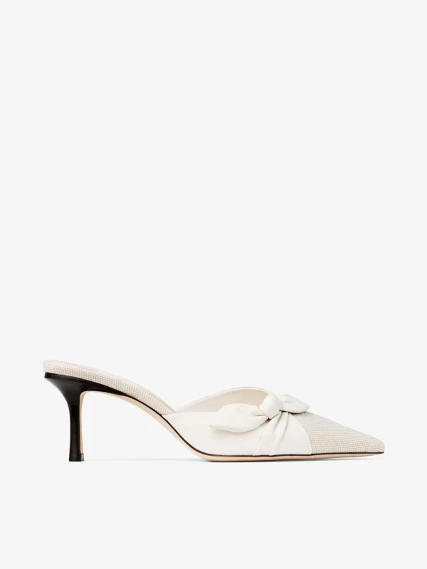Jimmy Choo Livi 65 Almond and Latte Mix Flecked Canvas and Soft Glove Leather Mules with Nappa Leather Bow