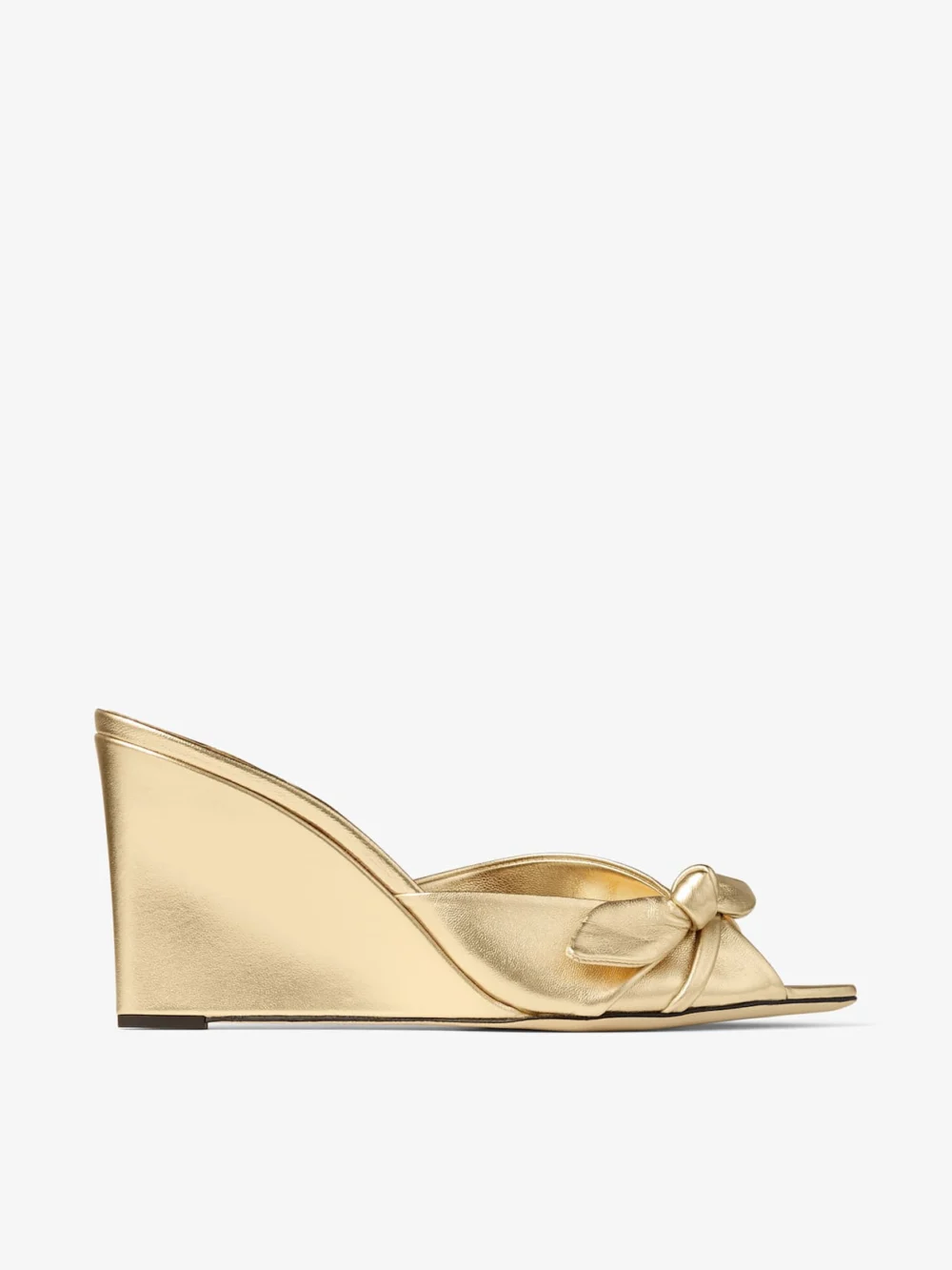 Jimmy Choo Livi Wedge 85 Gold Metallic Nappa Leather Mules Wedges with Bow in silver