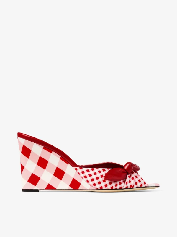 Jimmy Choo Livi Wedge 85 Ruby Red Mix Mixed Gingham Cotton Mule Wedges with Gingham Bow