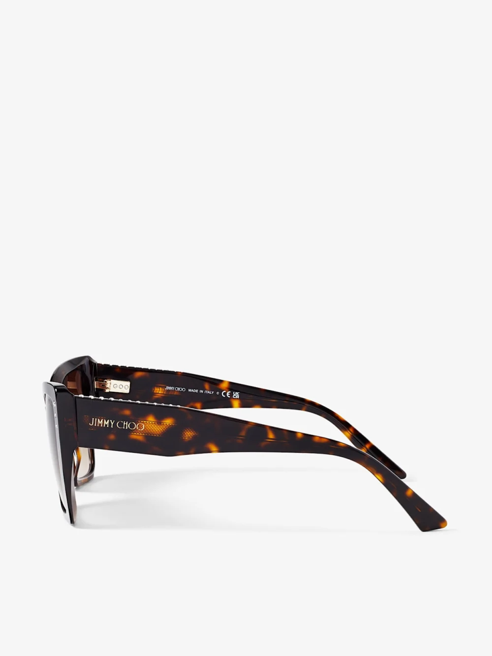Close-up detail of the Jimmy Choo Lorea Brown Havana Butterfly Frame Sunglasses