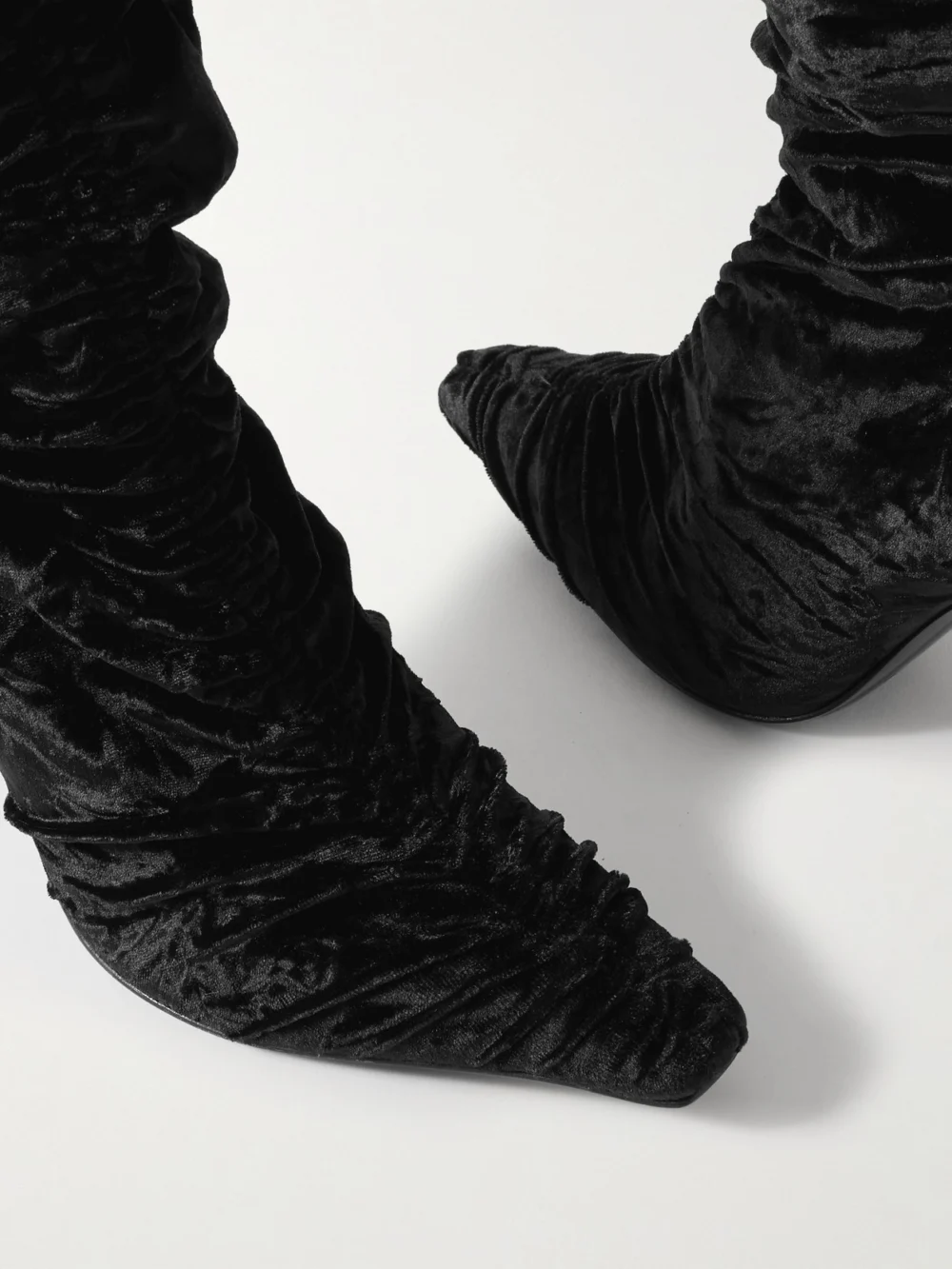 Close-up detail of the Jimmy Choo Lotta 100 Ruched Crushed-velvet Over-the-knee Boots