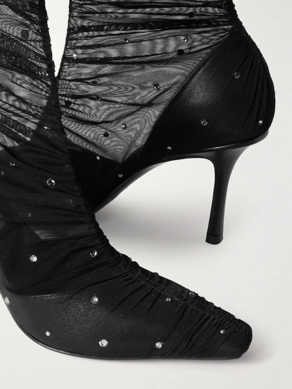 Close-up detail of the Jimmy Choo Lotta Ab 85 Crystal-embellished Tulle and Satin Sock Boots
