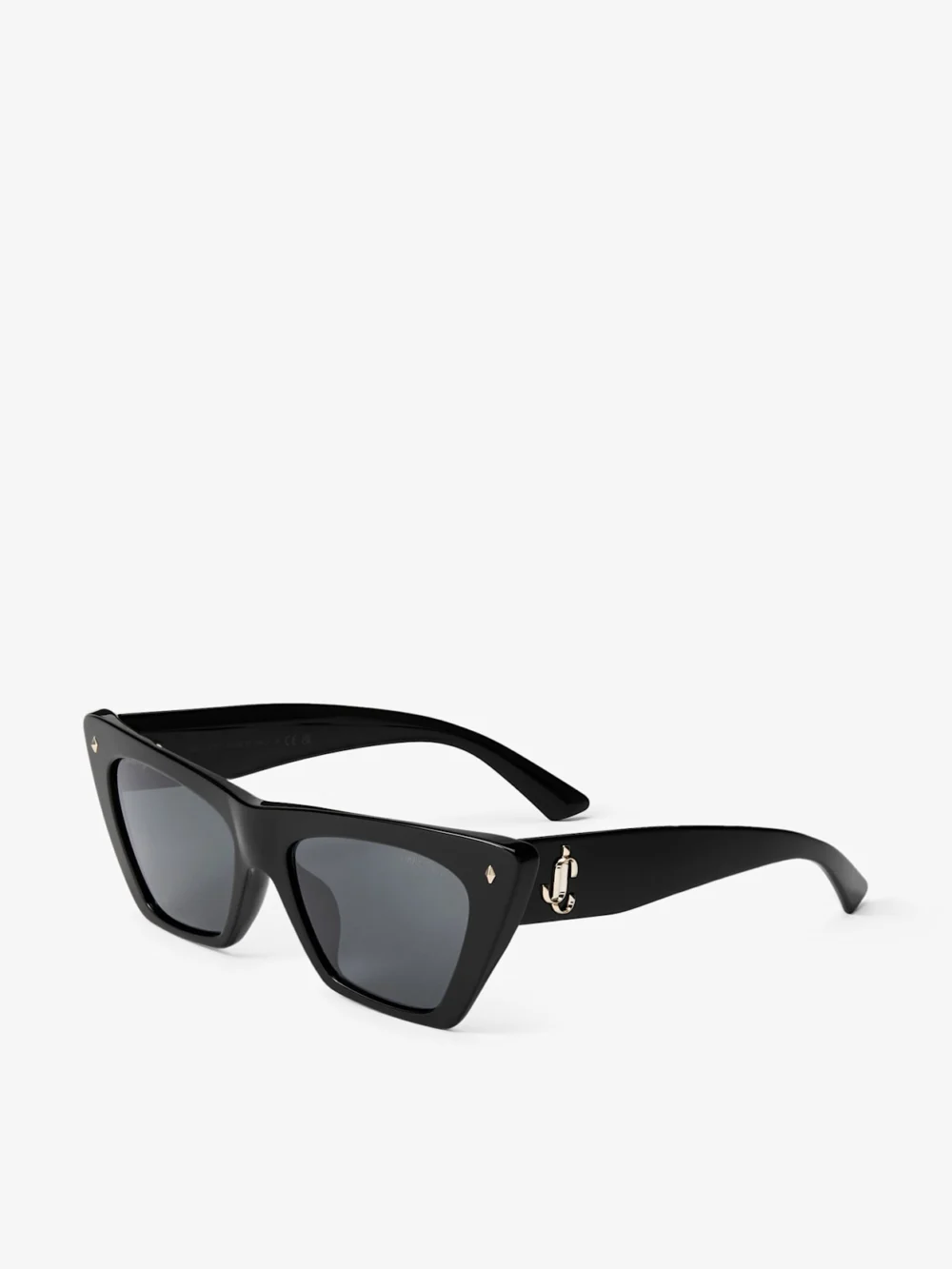 Close-up detail of the Jimmy Choo Lou Black and Grey Acetate Cat Eye Sunglasses