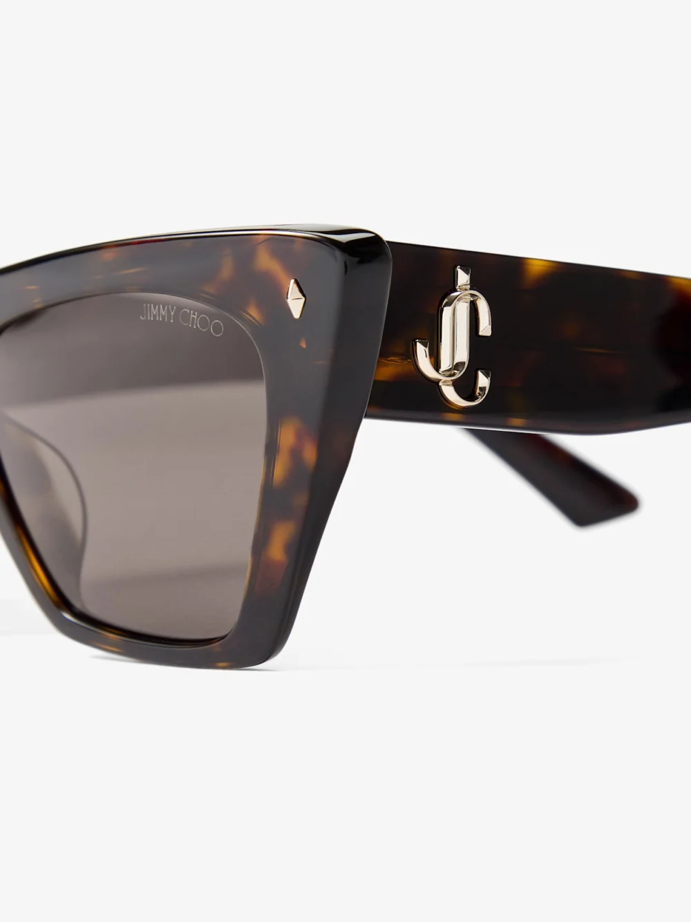 Close-up detail of the Jimmy Choo Lou Havana and Dark Brown Acetate Cat Eye Sunglasses